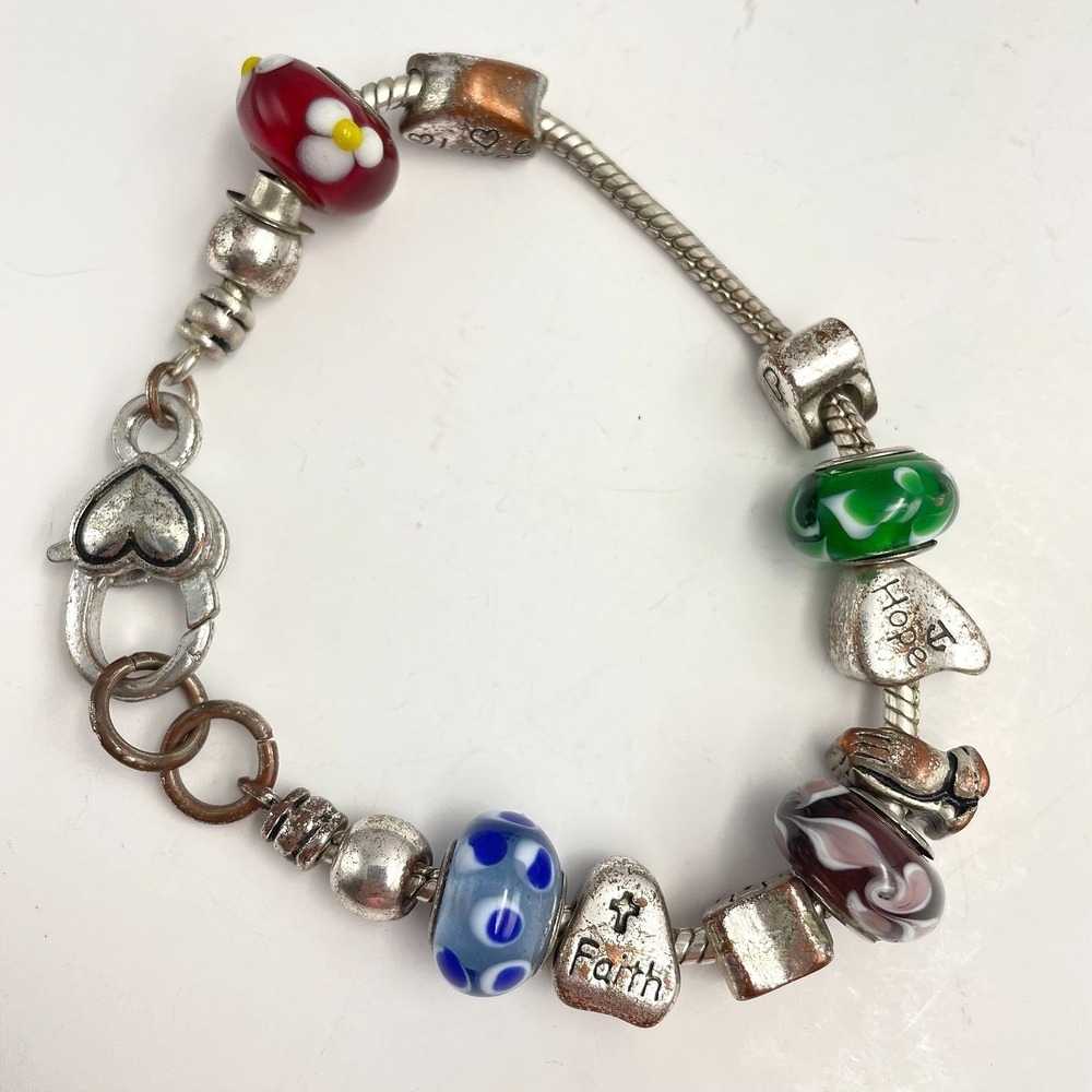Vintage Y2K Silver Charm Bracelet Beaded Faith Hope Love Religious Jewelry Retro